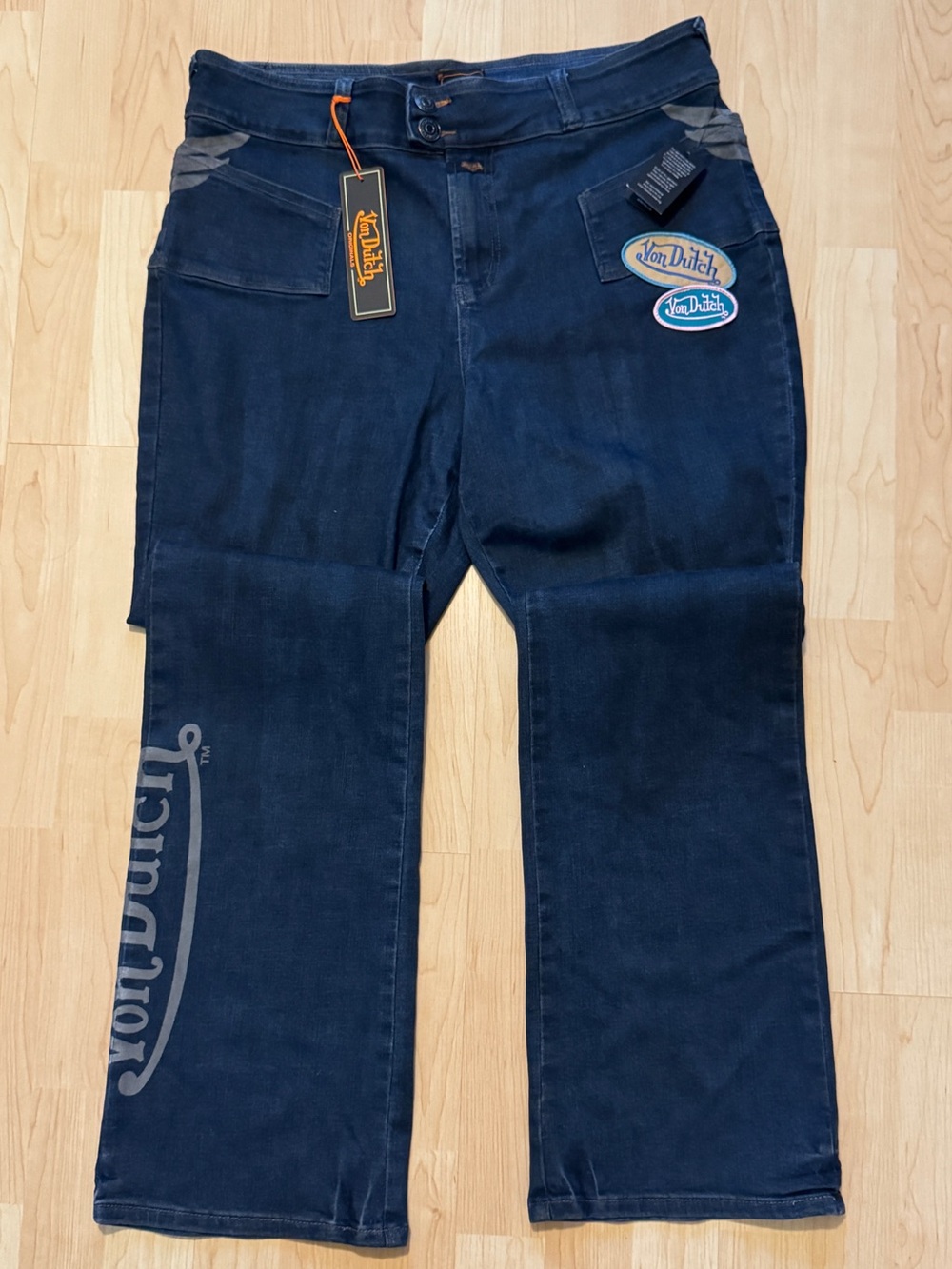 Vintage Y2K Streetwear Style Von Dutch Dark Wash Embroidered Spell Out Jeans NWT